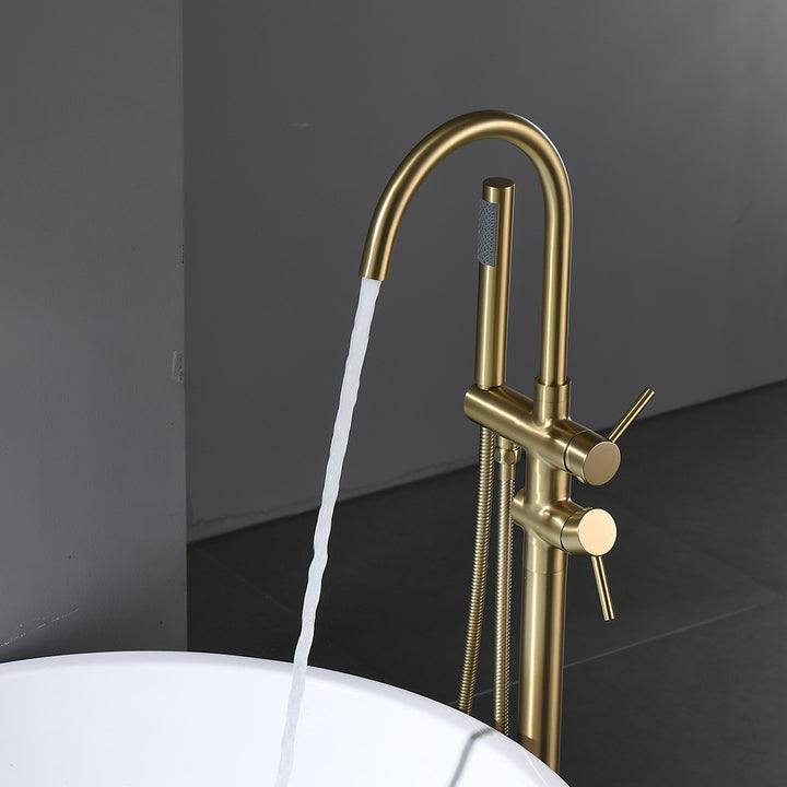 Brushed Gold 2-Handle Freestanding Tub Faucet with Hand Shower