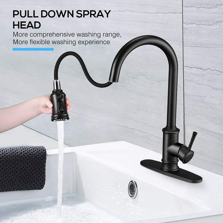 3 Modes Pull Down Sprayer Kitchen Tap Faucet Head, Single Handle&Deck Plate Stainless Steel No Lead