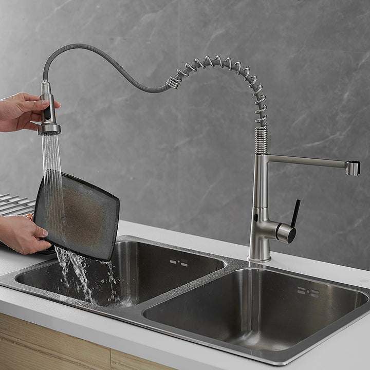 Single Handle Touchless Deck Mount Gooseneck Pull Down Sprayer Kitchen Faucet