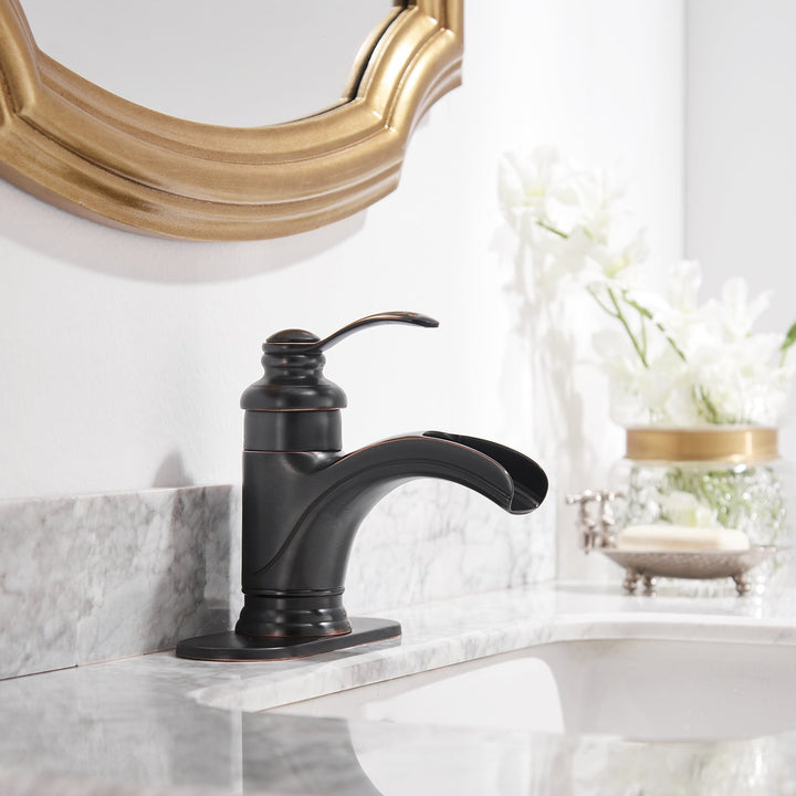 Waterfall Single Handle Single Hole Low Spout Bathroom Faucet with Drain Kit Included