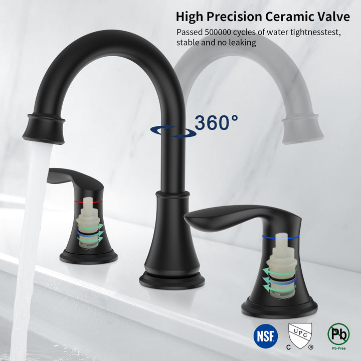 2-Handle 8 inch Widespread Bathroom Sink Faucet 3 Hole 360° Swivel Spout Vanity Sink Basin Faucets with Pop Up Drain Assembly