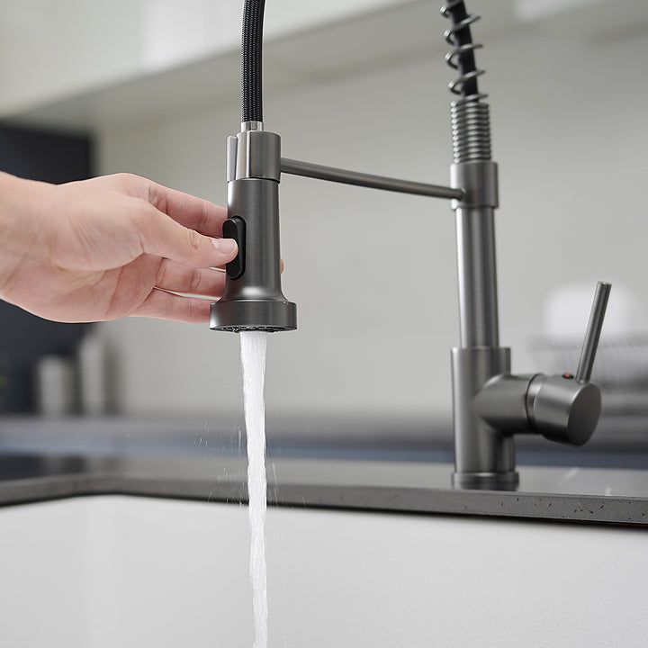 Single Handle Deck Mount Gooseneck Pull Down Sprayer Kitchen Faucet with Handles in Gun-Grey