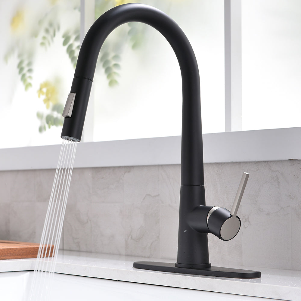 Single Handle Deck Mount Gooseneck Pull Down Sprayer Kitchen Faucet in Black