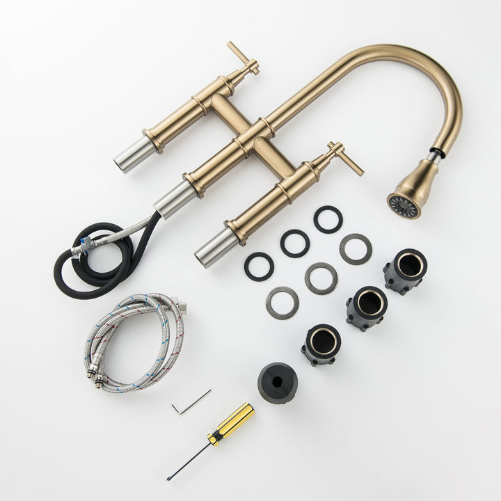 3 Hole Bridge Kitchen Faucet with Pull Down Sprayer Brushed Gold