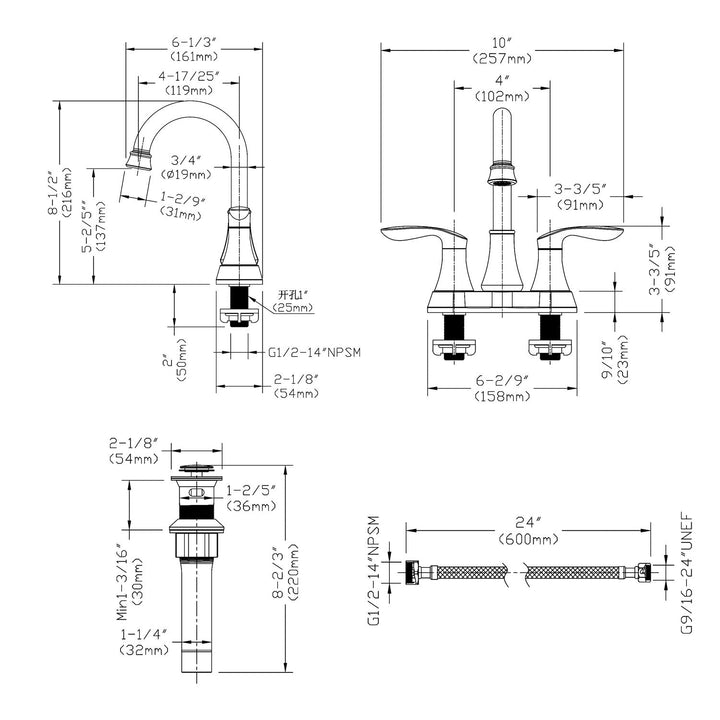 4 in. Centerset Double Handle Bathroom Faucet with Drain Kit Included and Supply Line