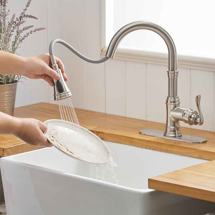 Single-Handle Pull-Down Sprayer 3 Spray High Arc Kitchen Faucet With Deck Plate