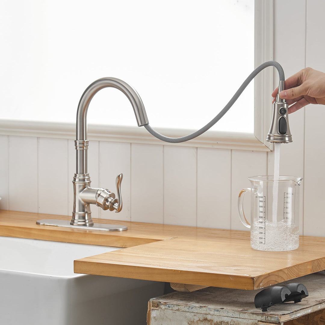 Single-Handle Pull-Down Sprayer 3 Spray High Arc Kitchen Faucet With Deck Plate