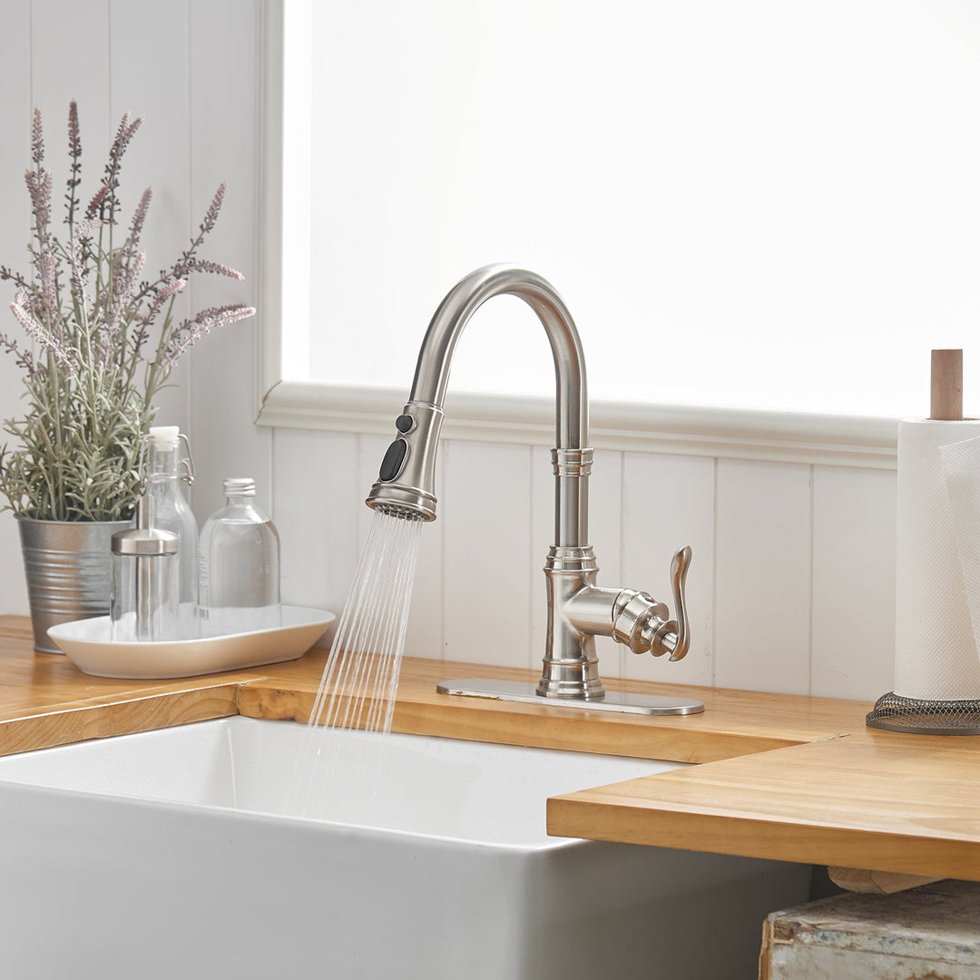 Single-Handle Pull-Down Sprayer 3 Spray High Arc Kitchen Faucet With Deck Plate