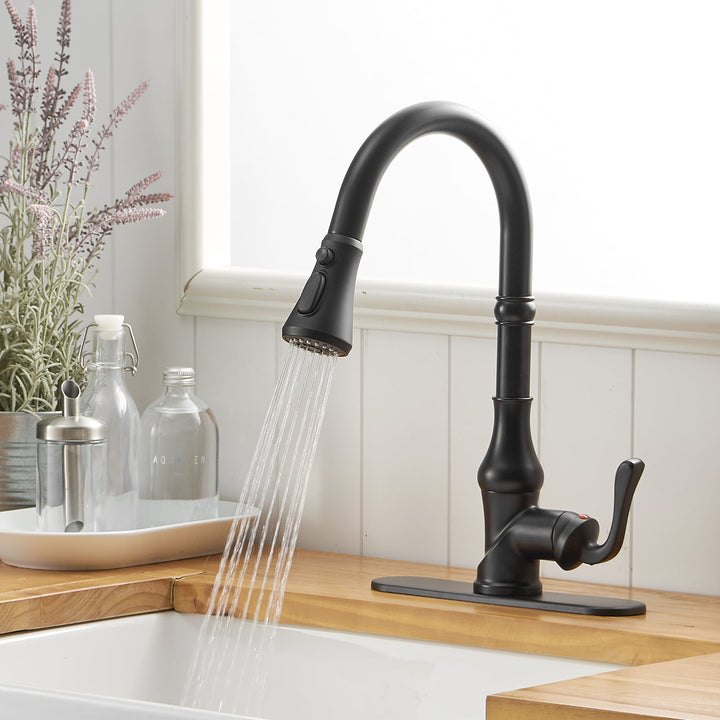 Single Handle Pull Down 3 Spray Kitchen Faucet with Deck Plate