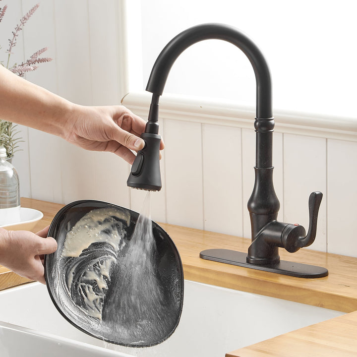Single Handle Pull Down 3 Spray Kitchen Faucet with Deck Plate