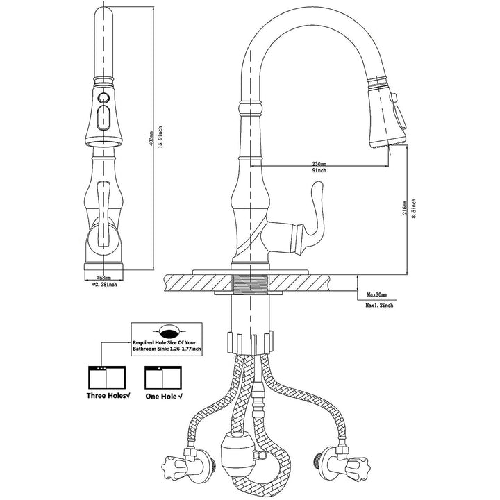 Single Handle Pull Down 3 Spray Kitchen Faucet with Deck Plate