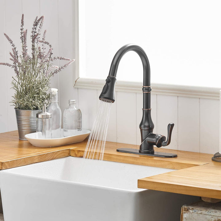 Single Handle Pull Down 3 Spray Kitchen Faucet with Deck Plate