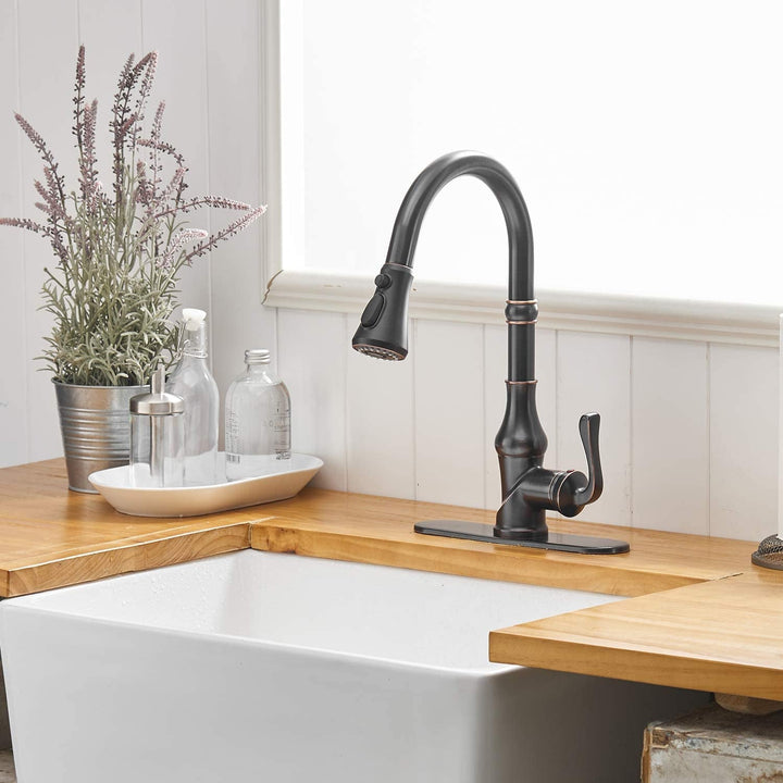 Single Handle Pull Down 3 Spray Kitchen Faucet with Deck Plate