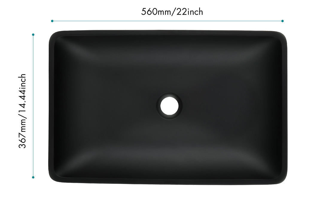 14.38in L -22.25in W -13.0in H Matte Shell  Glass Rectangular Vessel Bathroom Sink in Black