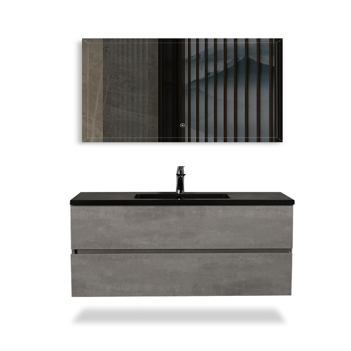 Bath Vanity in Cement Gray with Black Vanity Top with Black Basin