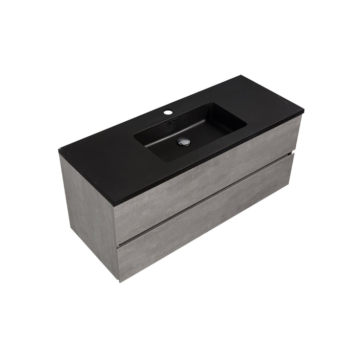 Bath Vanity in Cement Gray with Black Vanity Top with Black Basin