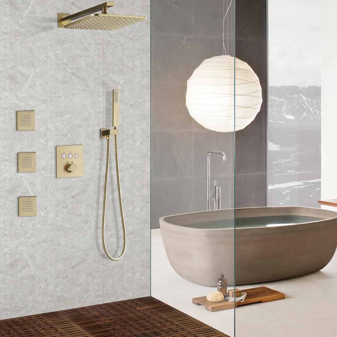 10 inch Thermostatic Rainfall Shower System With 3 PCS Body Jets Mixer Set