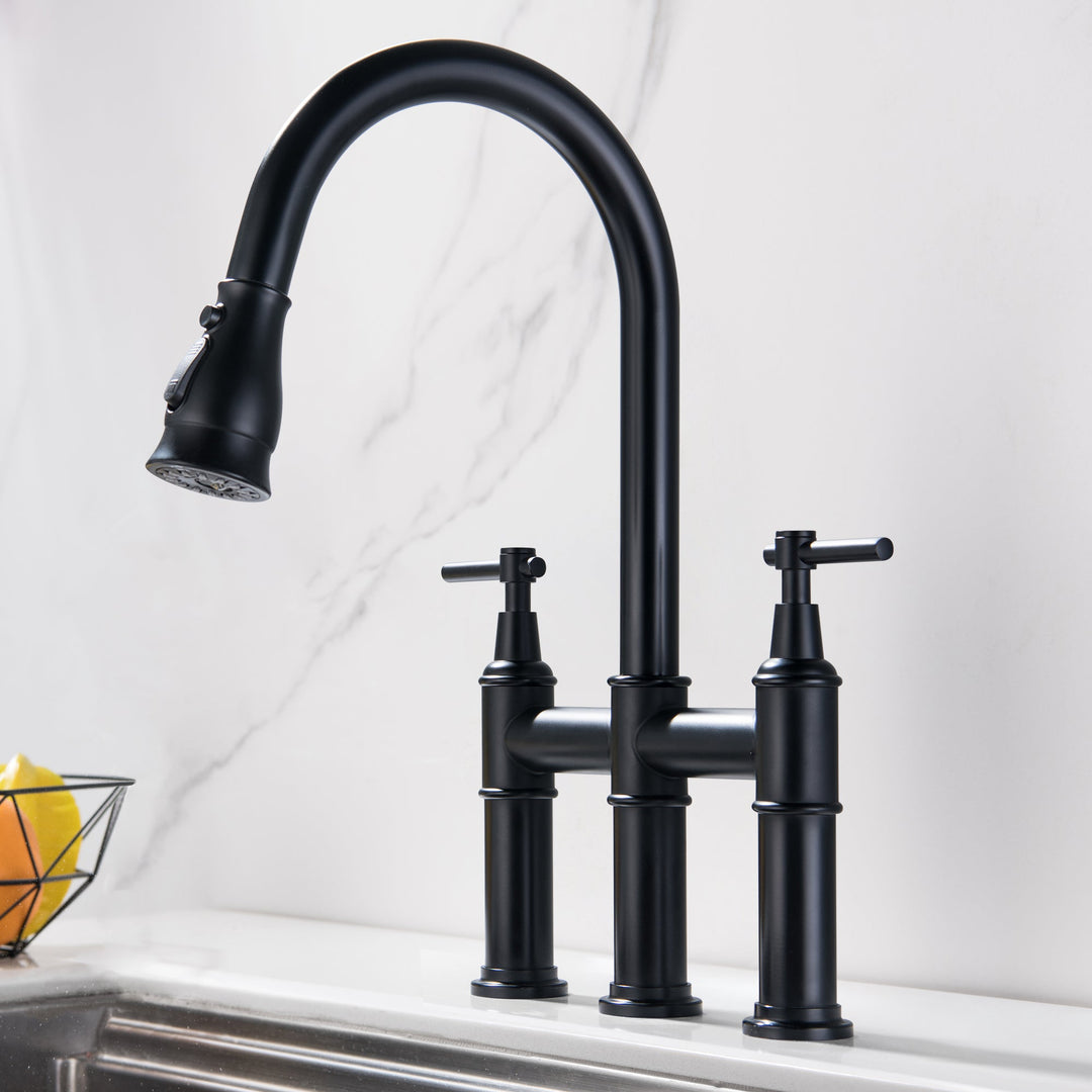 Bridge Kitchen Sink Faucet With Pull-Down Sprayhead Solid Brass Double Handle