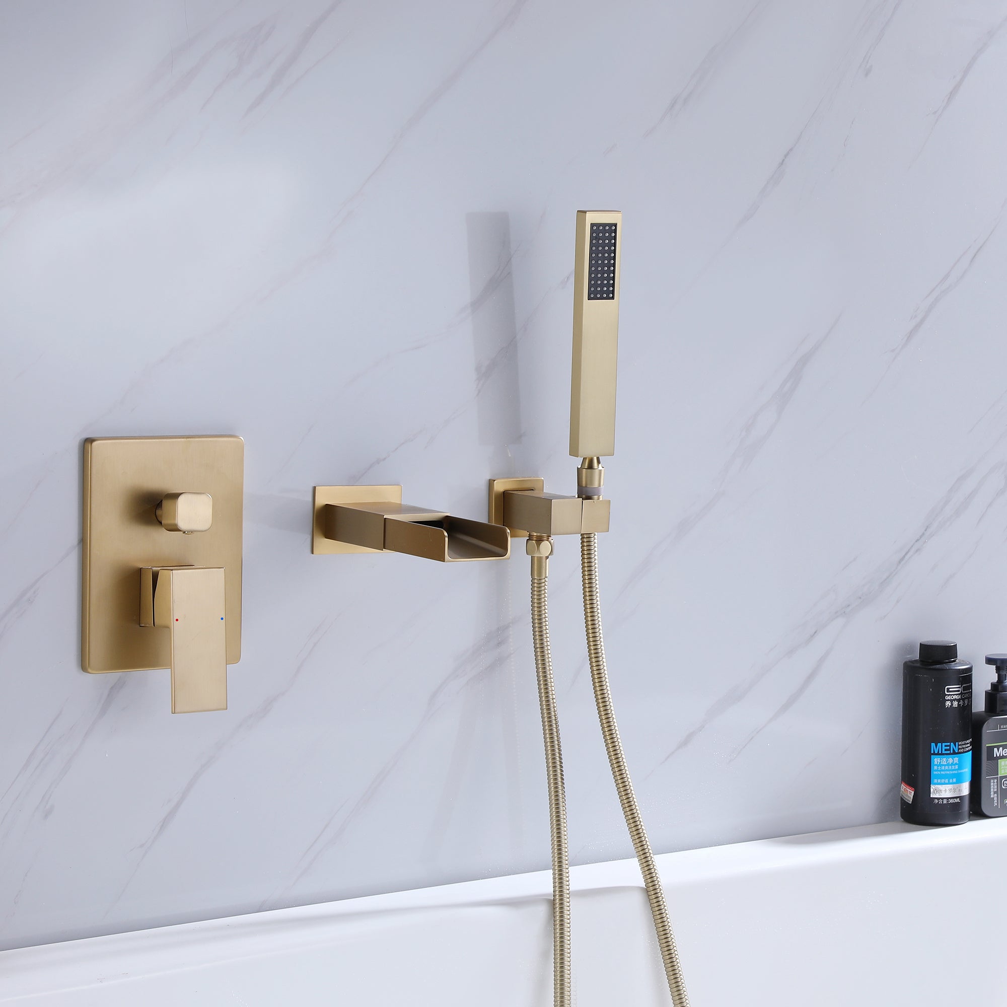 Single-Handle Wall Mount Tub Faucet with Hand Shower in Matte Black/Brushed Gold(Valve Included)