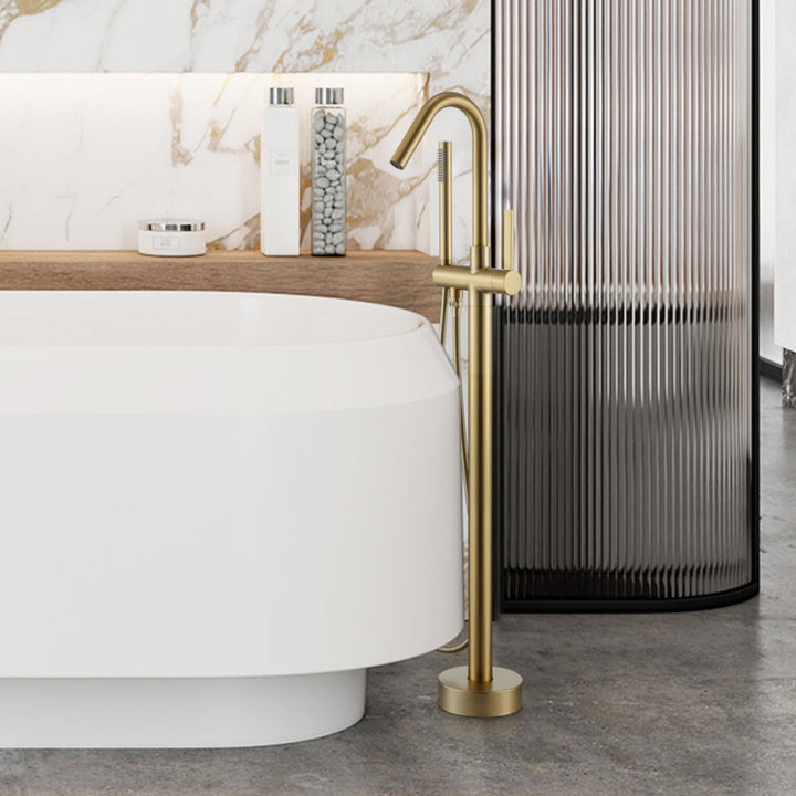 Floor Mounted Freestanding Golden Bathtub Faucet With High-Arc Spout