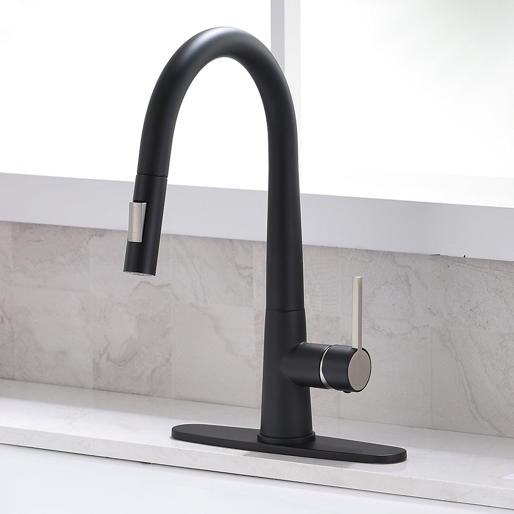 Single Handle Deck Mount Gooseneck Pull Down Sprayer Kitchen Faucet in Black