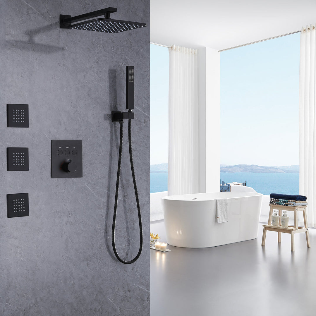 10 inch Thermostatic Rainfall Shower System With 3 PCS Body Jets Mixer Set