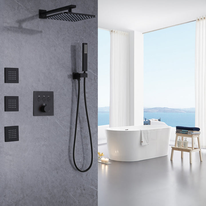 10 inch Thermostatic Rainfall Shower System With 3 PCS Body Jets Mixer Set