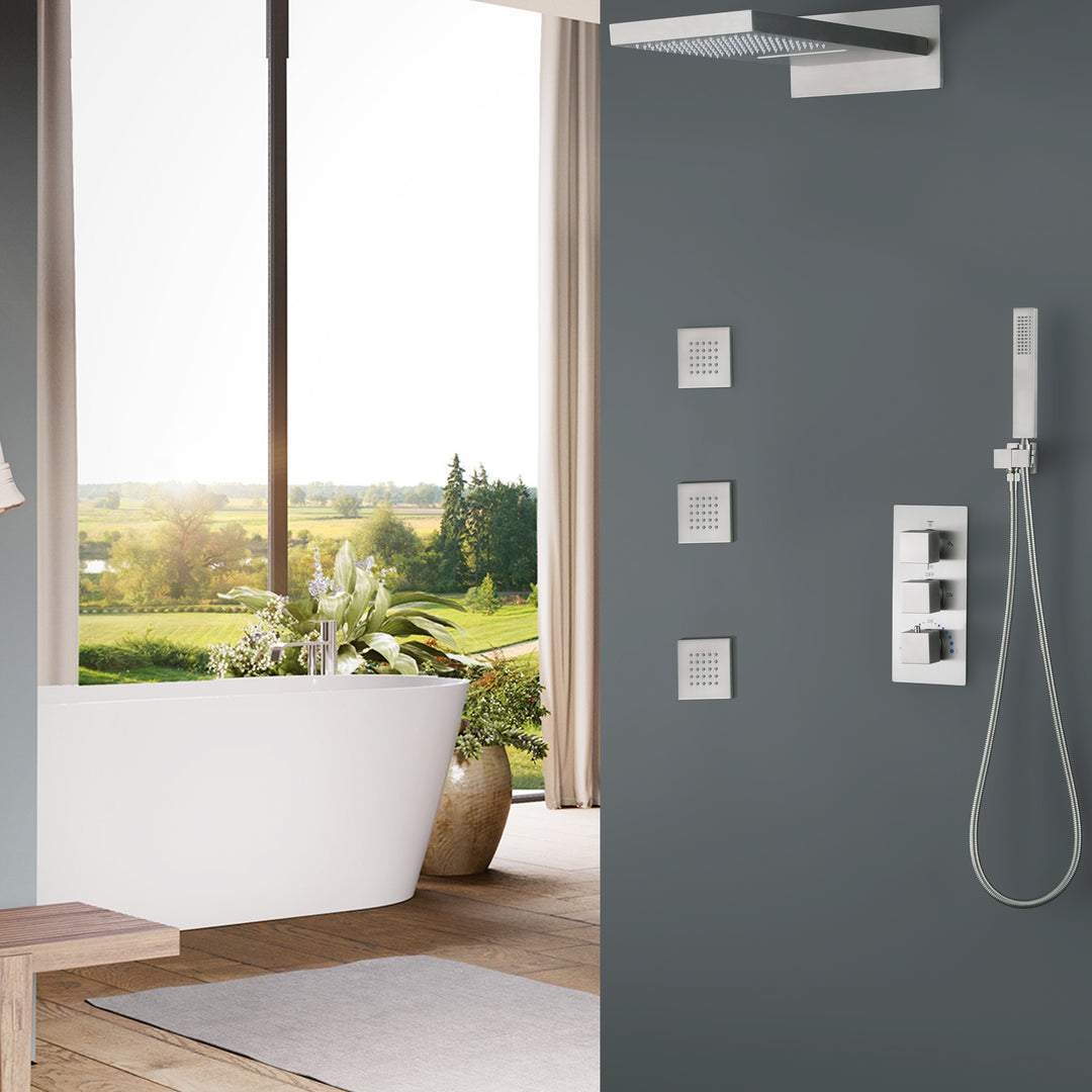 Wall Mounted Golden 3 Handle Thermostatic Shower System With 3 Body Jets