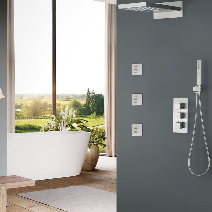 Wall Mounted Golden 3 Handle Thermostatic Shower System With 3 Body Jets