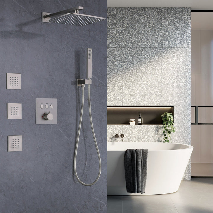 10 inch Thermostatic Rainfall Shower System With 3 PCS Body Jets Mixer Set