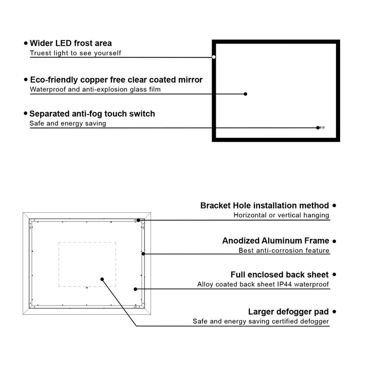 40 in. W x 32 in. H LED Lit Mirror Rectangular Fog Free Frameless Bathroom Vanity Mirror