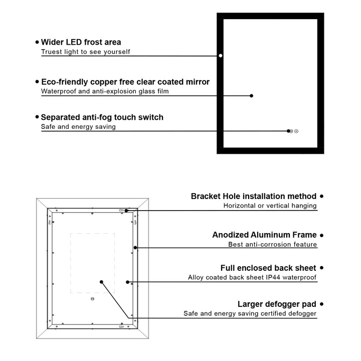 28 in. W x 36 in. H LED Light Mirror Rectangular Fog Free Frameless Bathroom Vanity Mirror