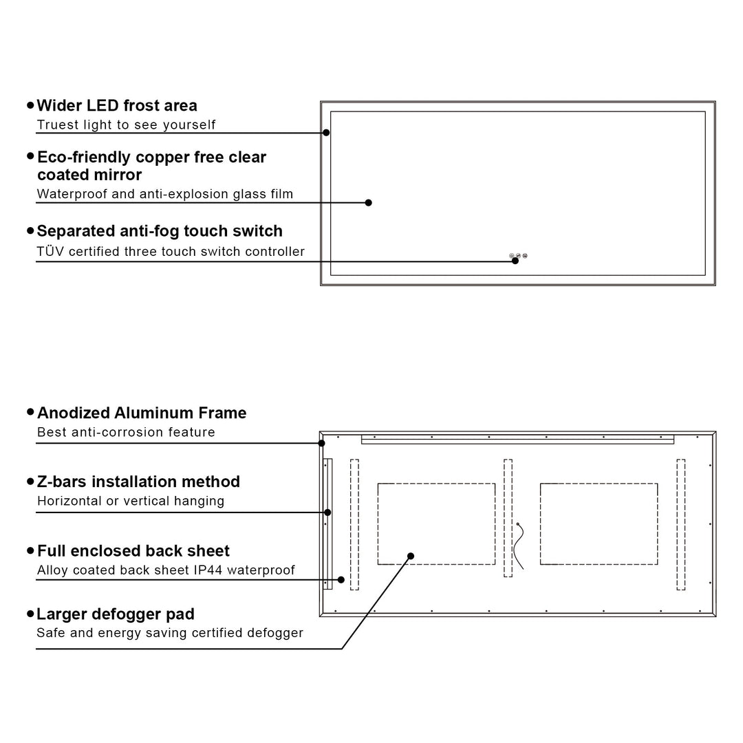 72 in. W x 36 in. H Rectangular Framed LED Light Wall Vertical/Horizontal Bathroom Vanity Mirror