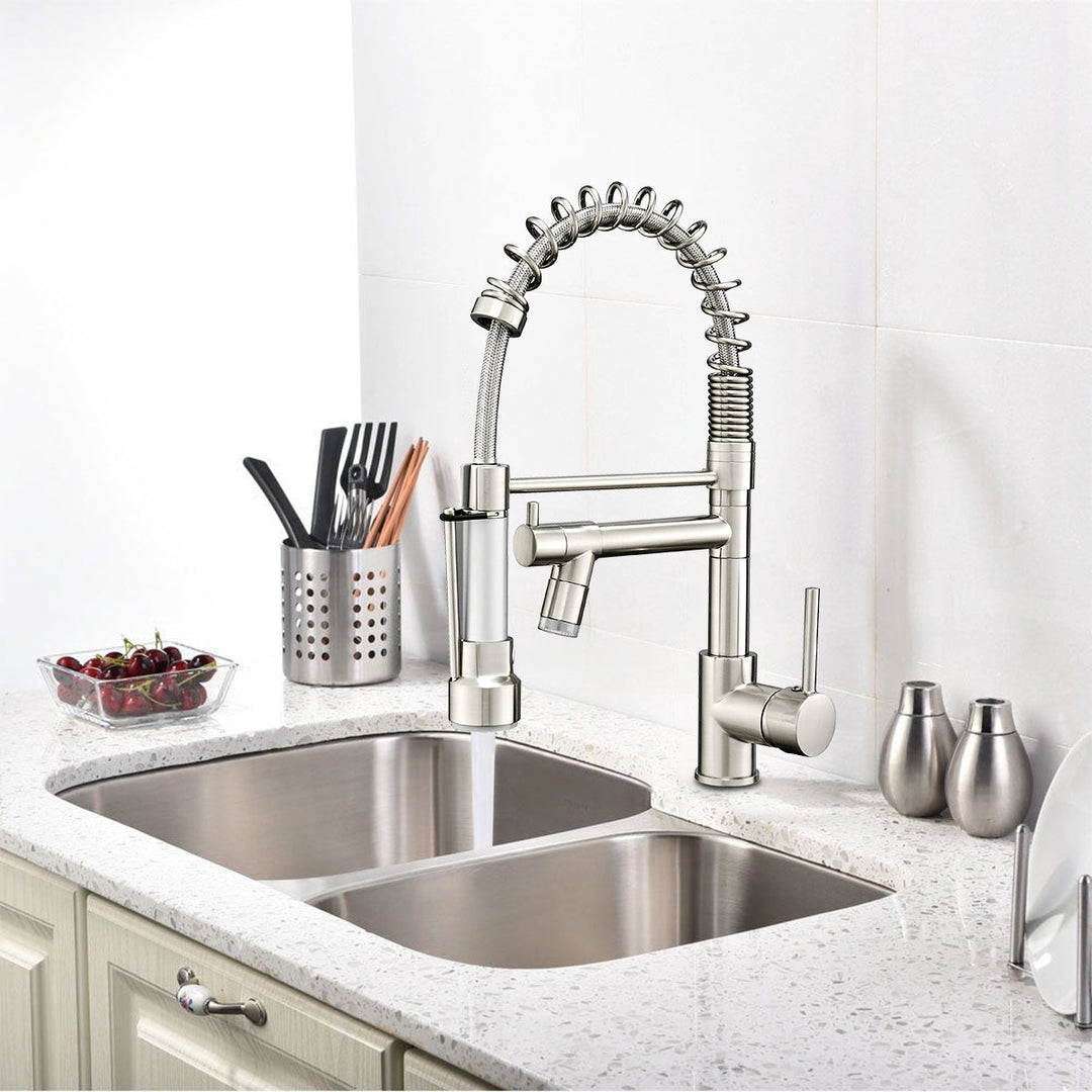 Single Handle Pull Down Sprayer Kitchen Faucet with 360° Rotation and LED Lights in Brushed Nickel