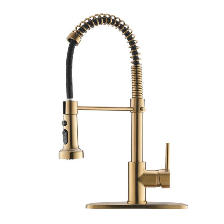 Single Handle Pull Down Sprayer Kitchen Faucet with Deckplate in Brushed Gold