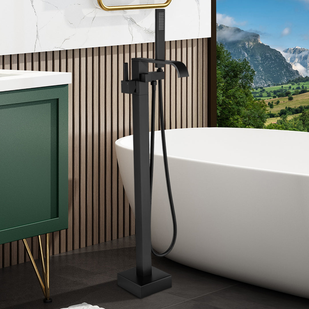 Single-Handle Freestanding Floor Mount Tub Faucet Bathtub Filler with Hand Shower in Matte Black