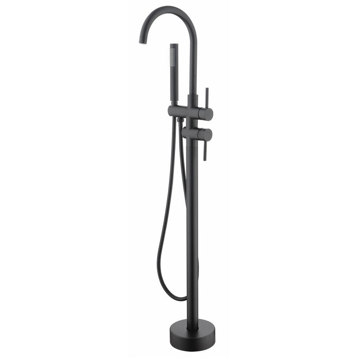 2-Handle Freestanding Floor Mount Bath Tub Filler Faucet with Handheld Shower in Matte Black