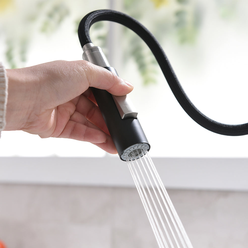 Single Handle Deck Mount Gooseneck Pull Down Sprayer Kitchen Faucet in Black