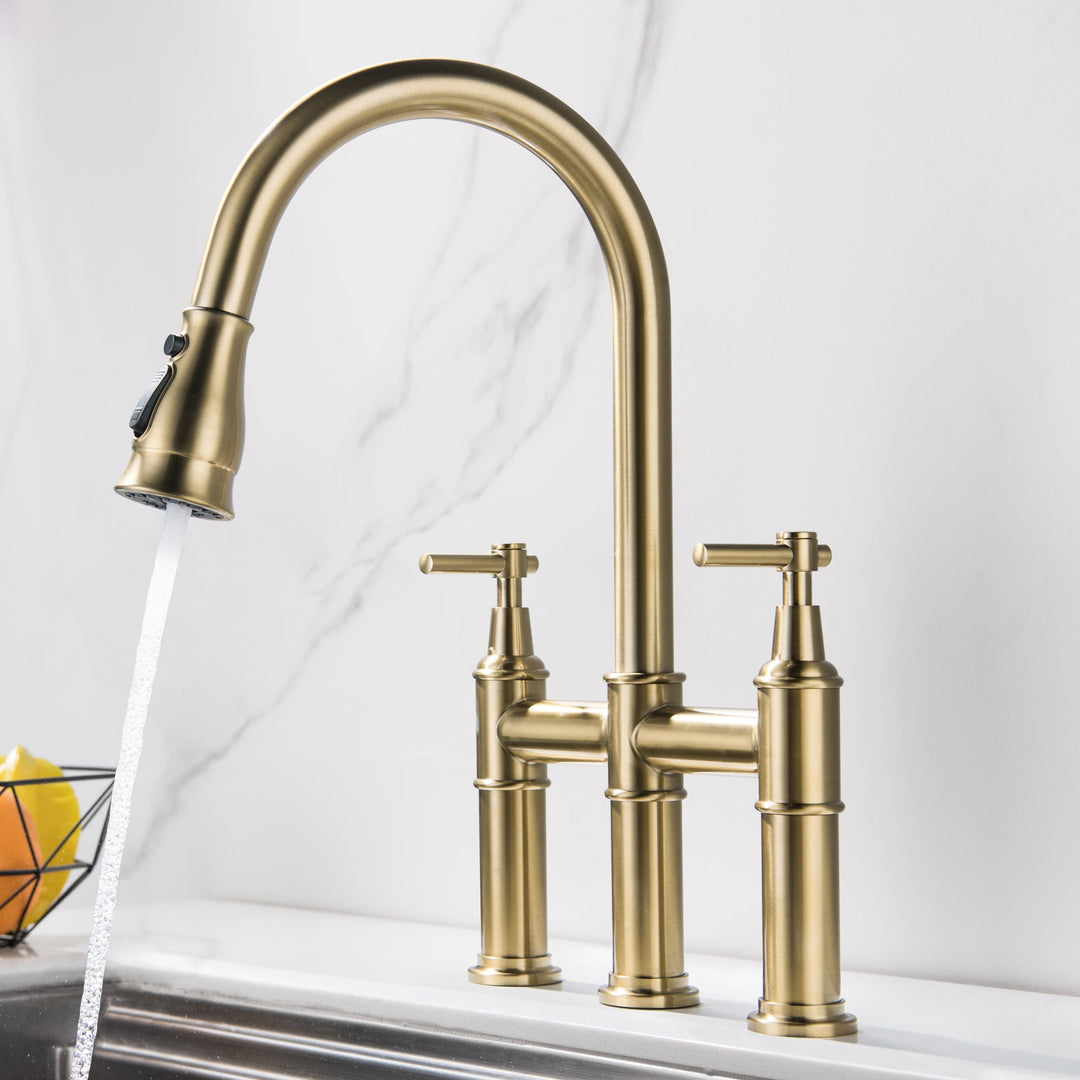 3 Hole Bridge Kitchen Faucet with Pull Down Sprayer Brushed Gold