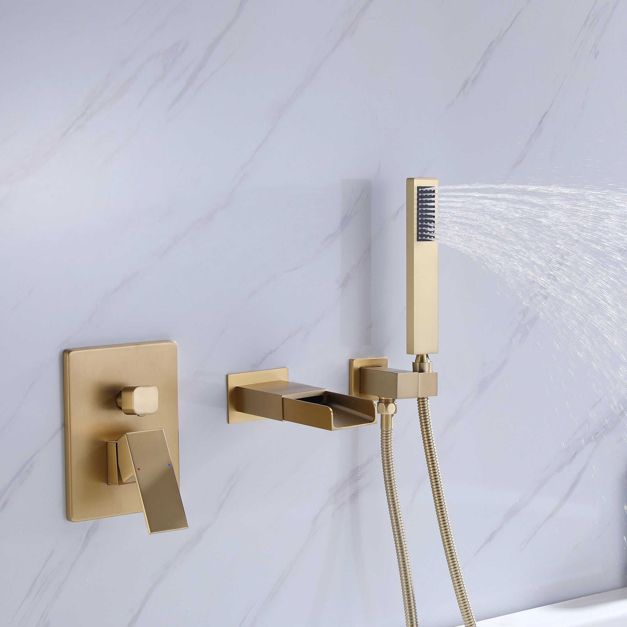 Single-Handle Wall Mount Tub Faucet with Hand Shower in Matte Black/Brushed Gold(Valve Included)