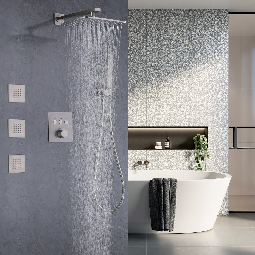 10 inch Thermostatic Rainfall Shower System With 3 PCS Body Jets Mixer Set