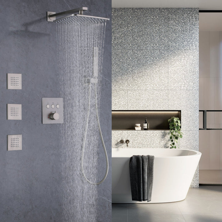 10 inch Thermostatic Rainfall Shower System With 3 PCS Body Jets Mixer Set