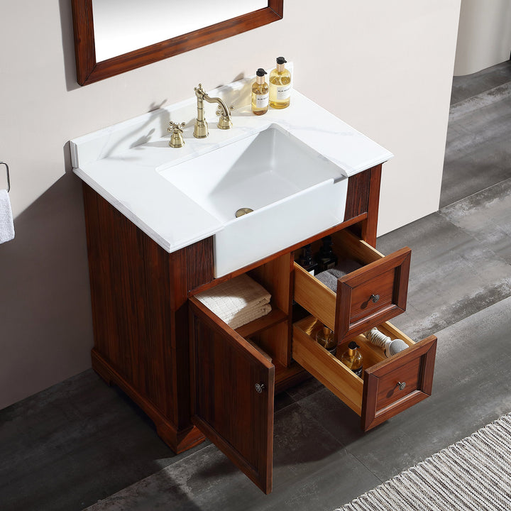 36 in. W x 22 in. D x 35 in. H Freestanding Bath Vanity Wood in Brown with White Quartz Top with White Basin