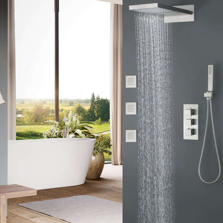 Wall Mounted Golden 3 Handle Thermostatic Shower System With 3 Body Jets