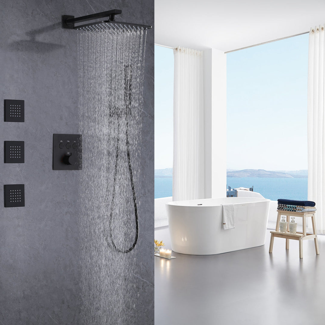 10 inch Thermostatic Rainfall Shower System With 3 PCS Body Jets Mixer Set