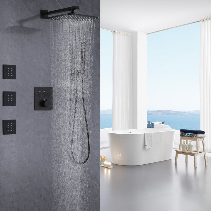 10 inch Thermostatic Rainfall Shower System With 3 PCS Body Jets Mixer Set