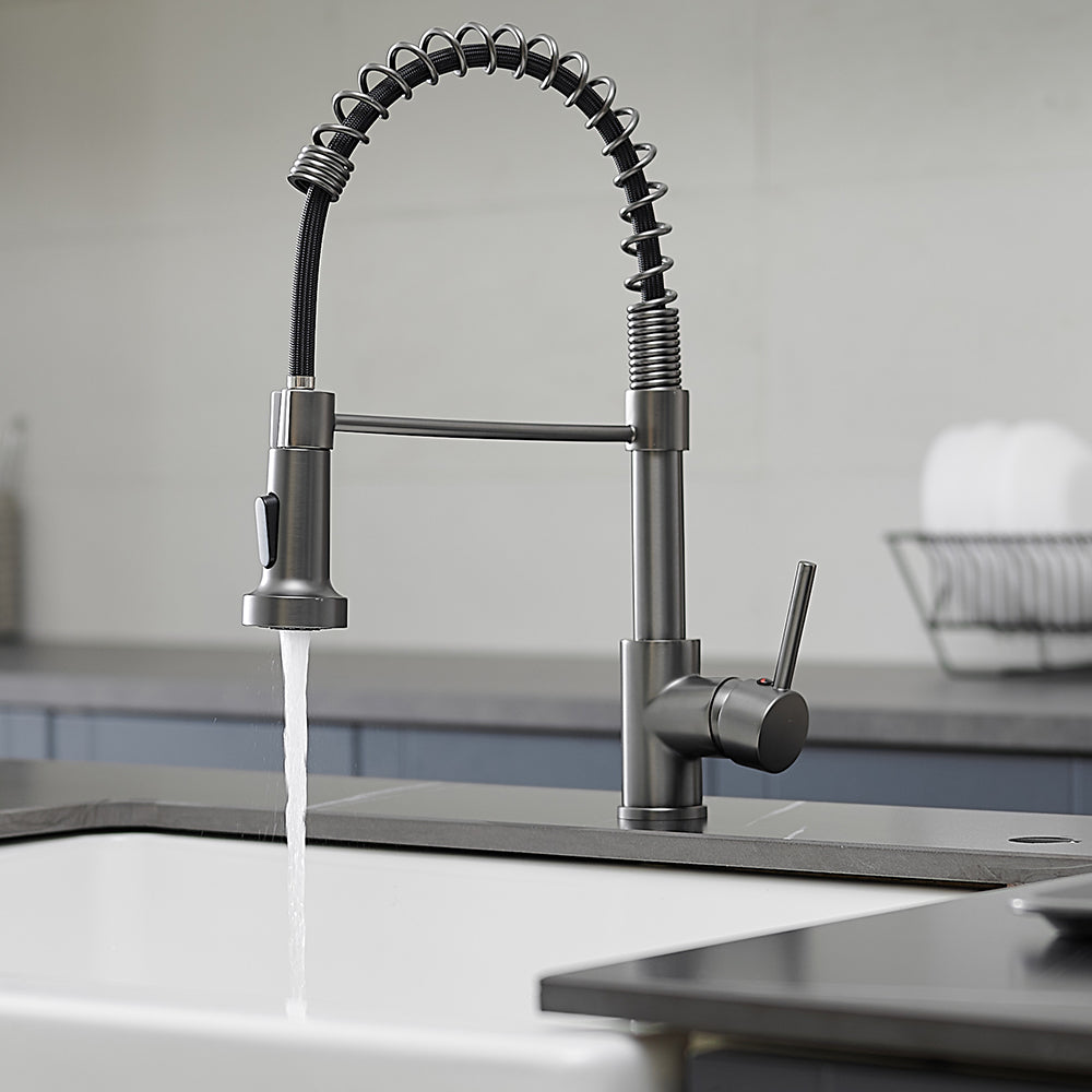 Single Handle Deck Mount Gooseneck Pull Down Sprayer Kitchen Faucet with Handles in Gun-Grey