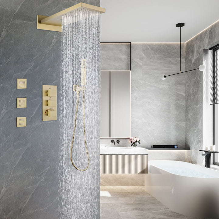 Wall Mounted Golden 3 Handle Thermostatic Shower System With 3 Body Jets