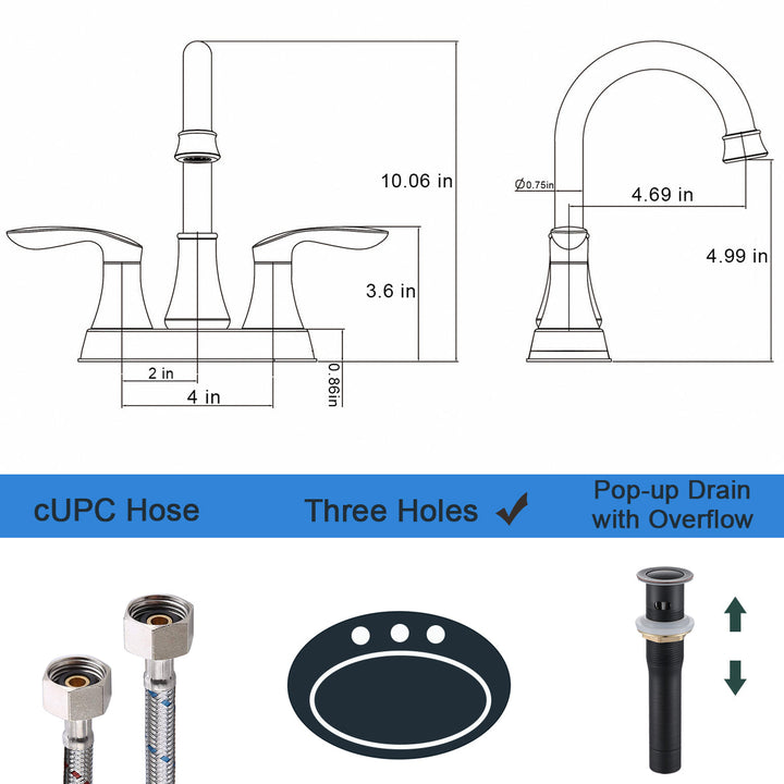 4 in. Centerset Double Handle Bathroom Faucet with Drain Kit Included and Supply Line