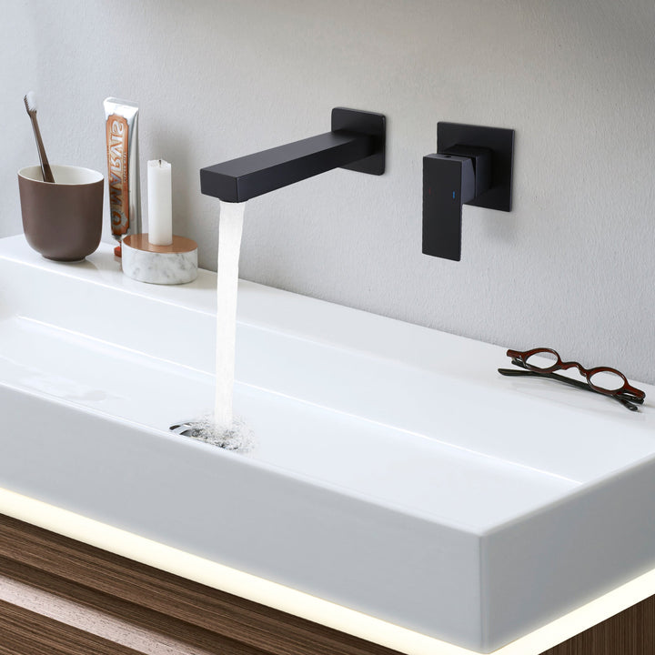Wall Mounted Sink Faucet Matte Black Square Solid Brass Basin Mixer Tap